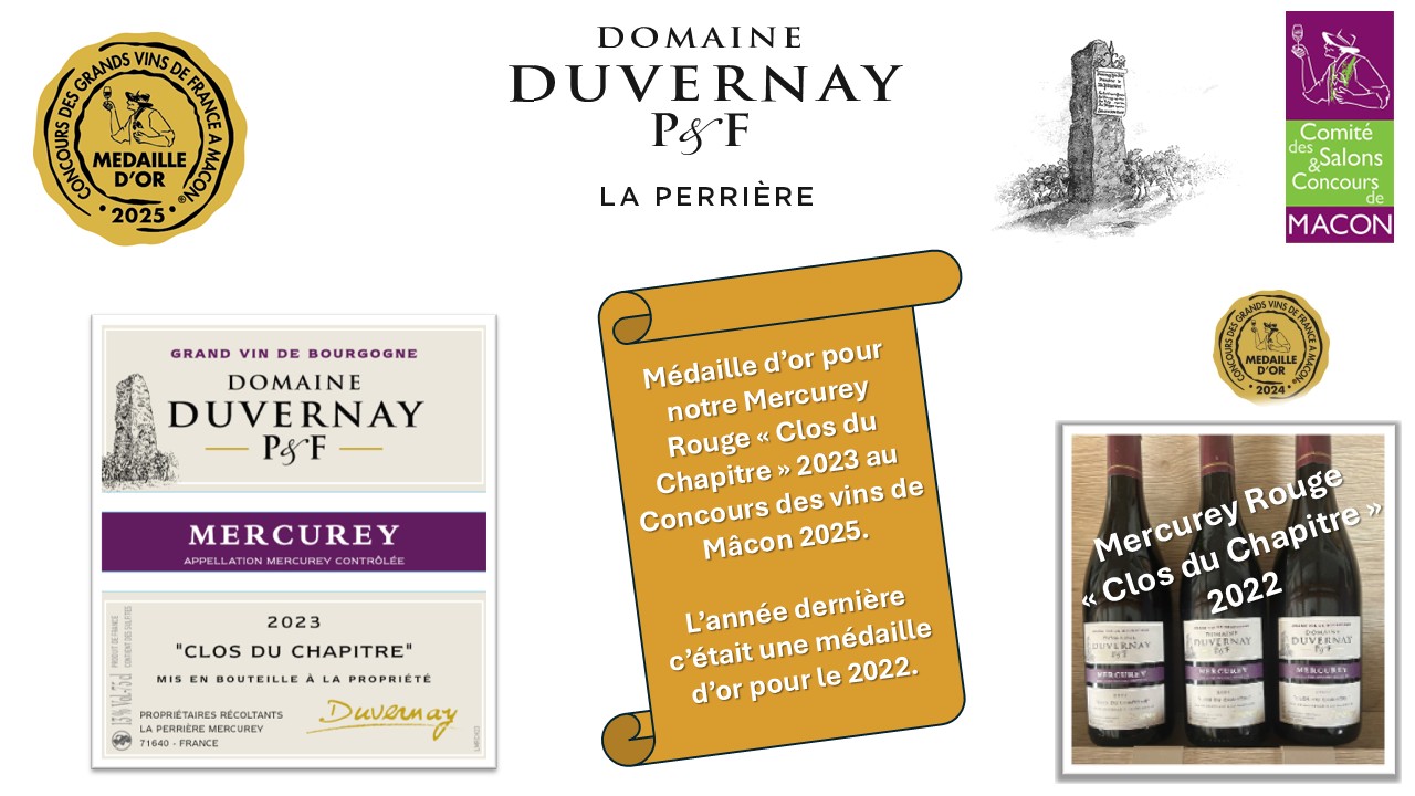 Médaille d'or au Concours des Vins de Mâcon 2025 pour le Mercurey Rouge "Clos du chapitre" 2023 du Domaine Duvernay P et F à Mercurey